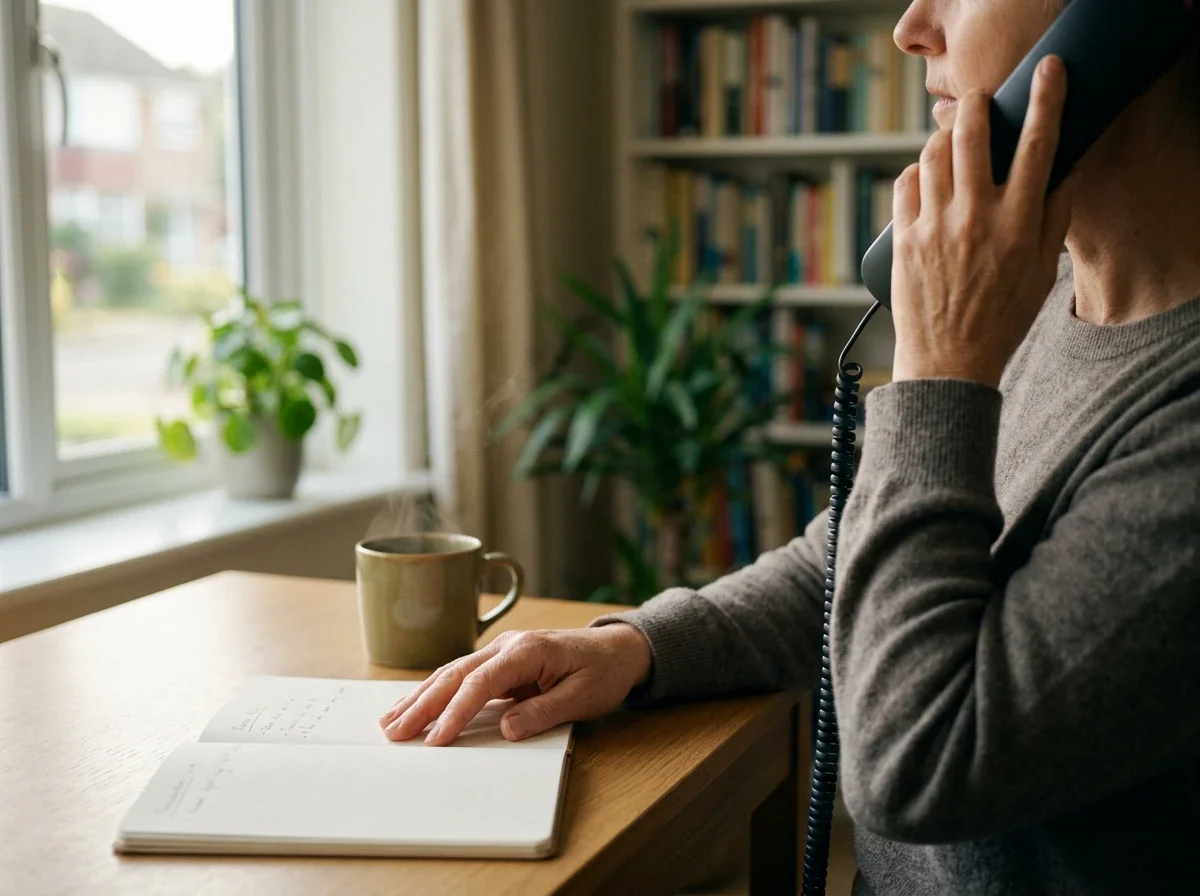 Personne au téléphone consultant un service d'aide pour les joueurs, environnement calme et bienveillant