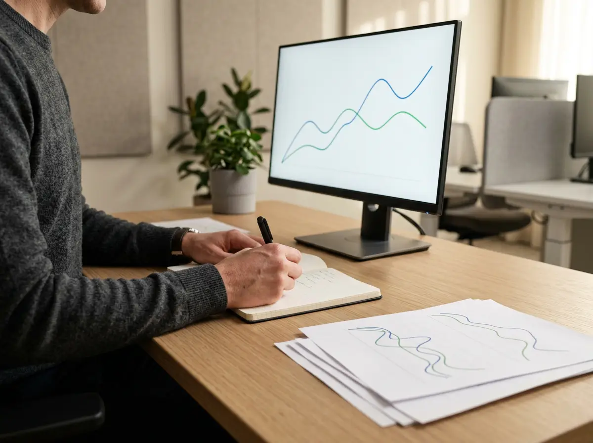 Analyste prenant des notes manuscrites devant un écran affichant un graphique de probabilités
